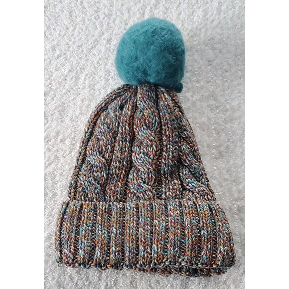 Time & Tru Cable Knit Pom Pom Faux Fur Lining Multicolored Winter Beanie Hat OS - Picture 1 of 6
